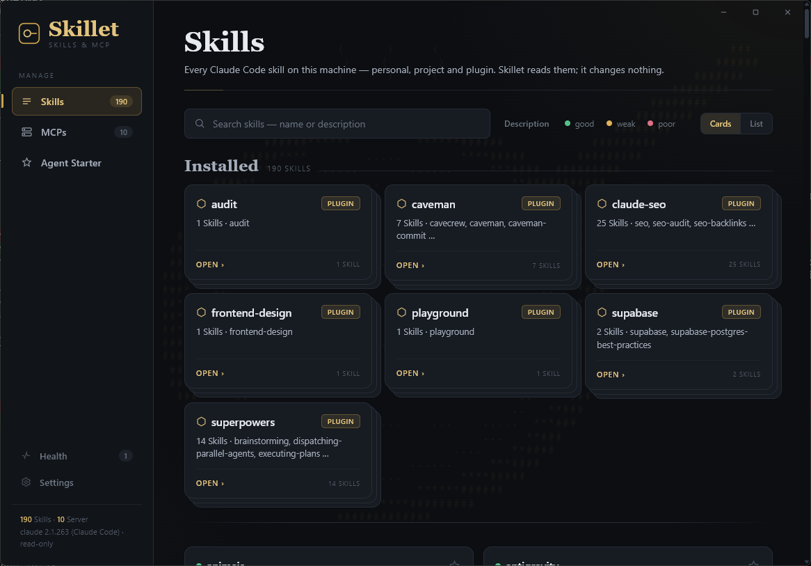 Skillet — the Skills view with plugin card stacks, description-quality dots and per-skill cards