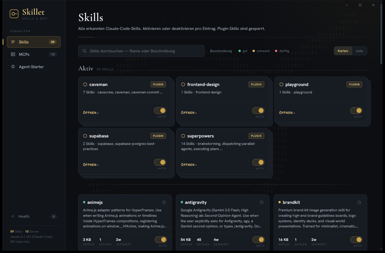 Skillet — the Skills view with plugin card-stacks, description-quality dots and per-skill cards